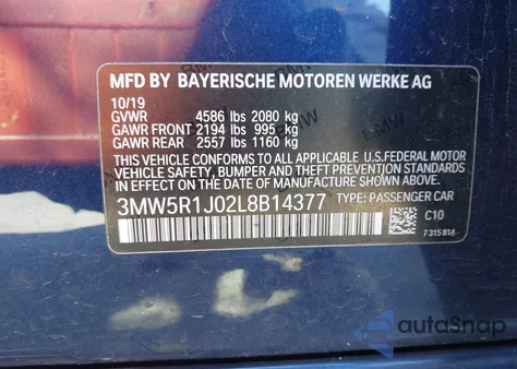 2020 BMW 330I z USA, uszkodzony, nr VIN 3MW5R1J02L8B14377